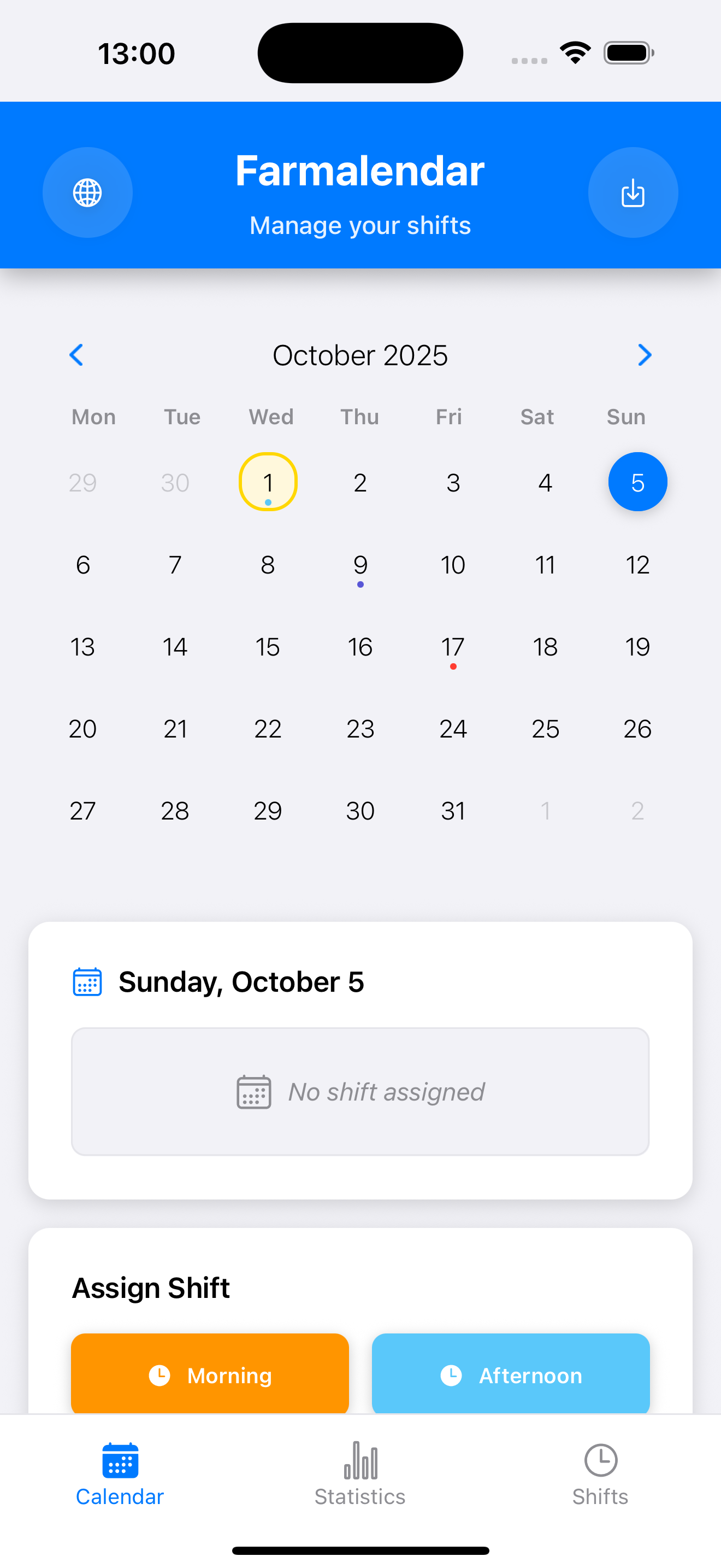 Farmalendar App Preview - Vista principal del calendario de turnos de trabajo